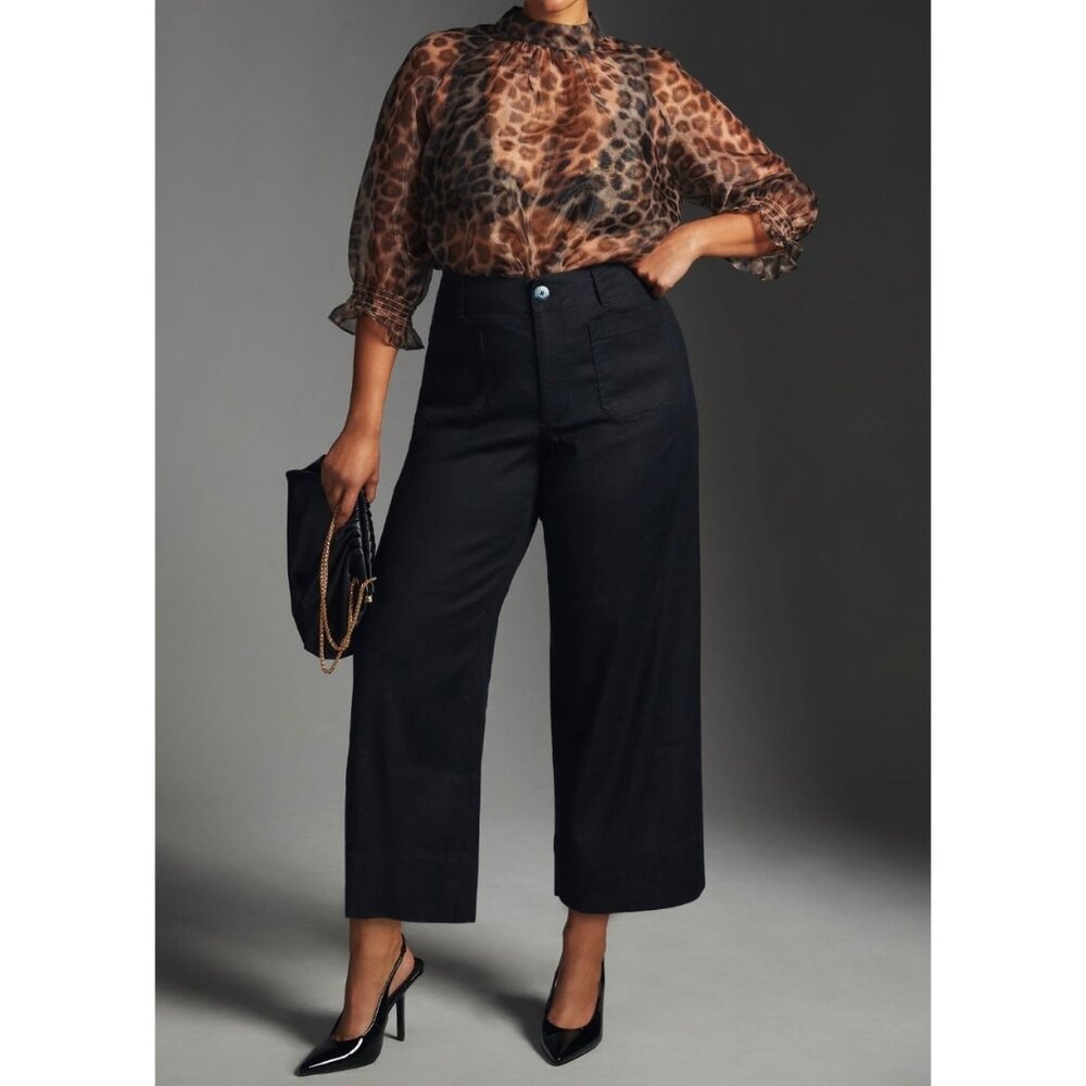 Maeve Anthropologie The Colette Linen Blend Crop Wide-Leg Pants Black 32T Black